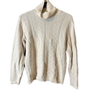 Vintage Huntington Ridge White Cable Chunky Knit Cowl-Neck Cotton Sweater Sz M